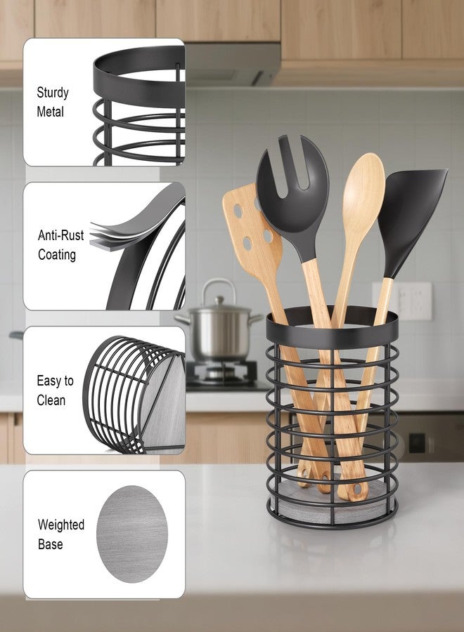 DTONIMA Utensil holder - Large Round Utensils Holder with Diatomaceous Base Matte Black Cooking Utensil Holder,Kitchen countertop Utensil Organizer (Metal) - Image 4